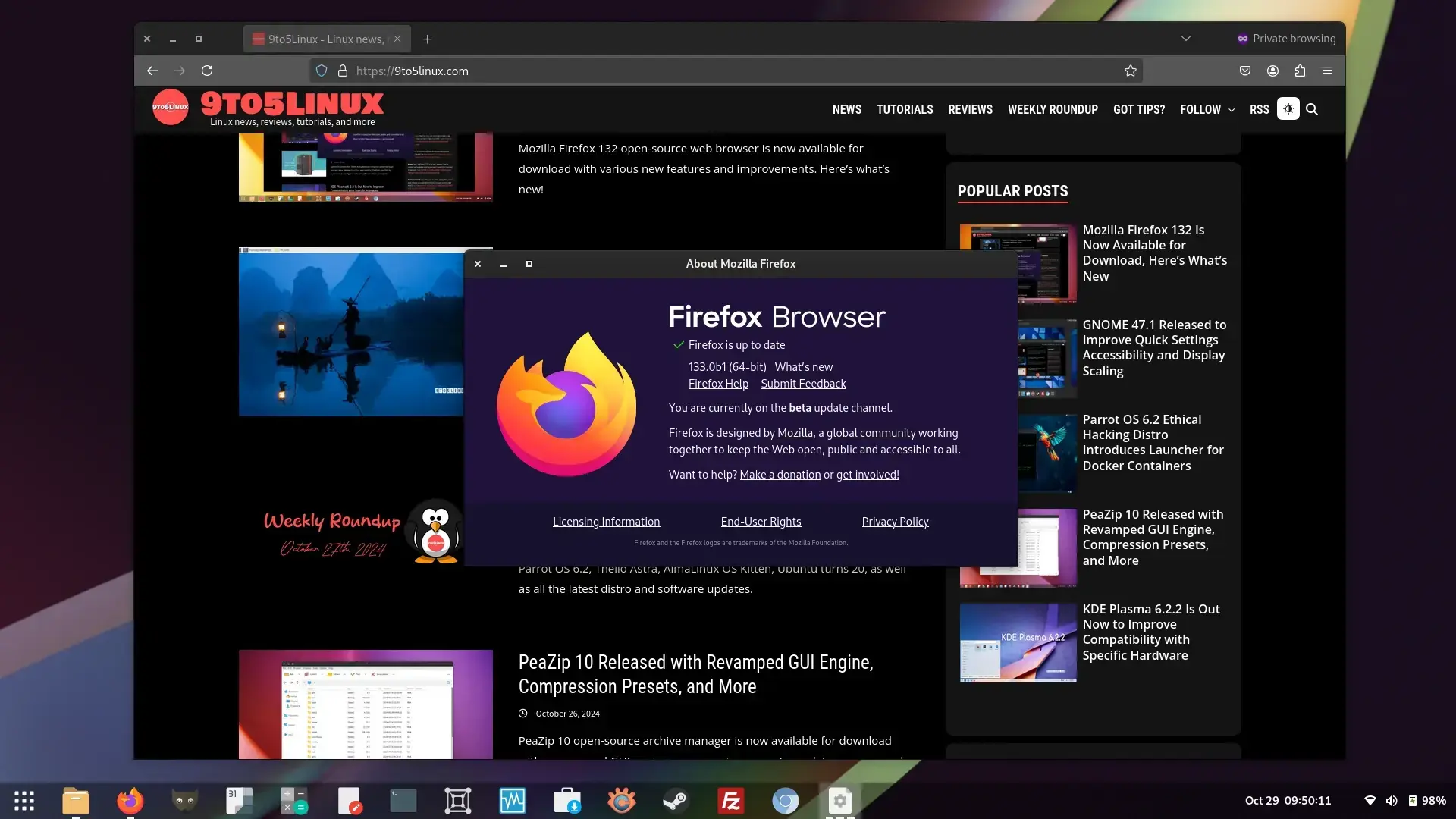 Screenshot of Firefox 133 beta showing the main window while browsing the 9to5linux.com website and the About Mozilla Firefox dialog.