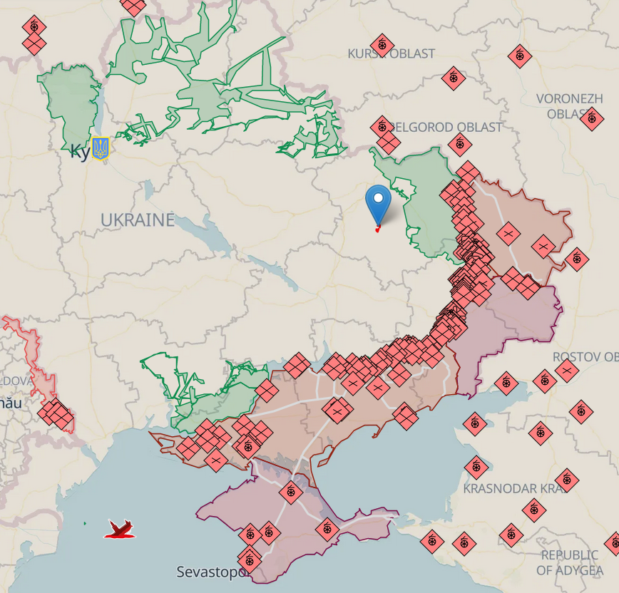 Screencap from Deepstatemap.live showing the location of the town hit in the strike