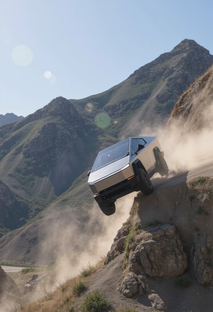 A hideous, angular silver truck veering off a dusty, unpaved mountain road with its front wheels off the ground as it plummets over a cliff. The setting is a rugged mountainous area under a clear blue sky, and the vehicle is kicking up dust behind it. 