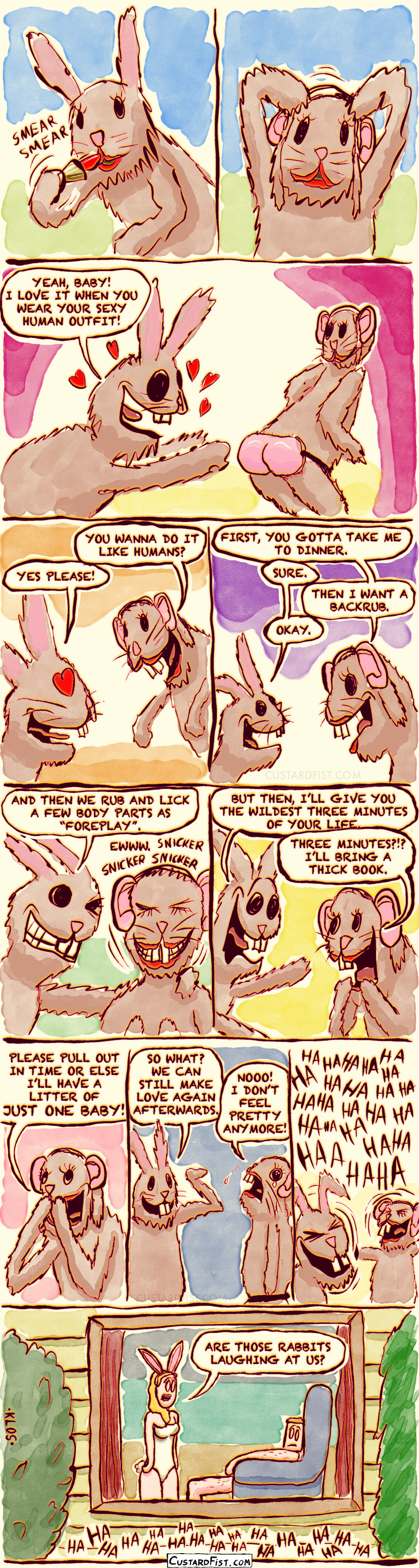 Rabbits dress up as sexy humans and make fun of us.