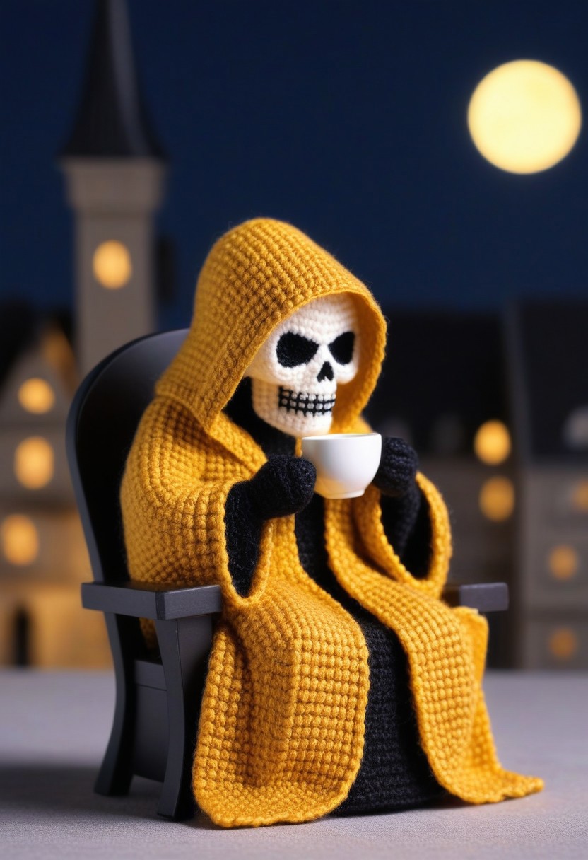 A crocheted figure of a skeleton with a white skull with black eye sockets dressed in a bright yellow hooded cloak holding a white teacup in its right hands. It is seated on a simple chair, which is set against a backdrop of a night scene with a large, full moon illuminating the sky. The town's windows are lit with a warm, yellow light, creating a cozy ambiance. 