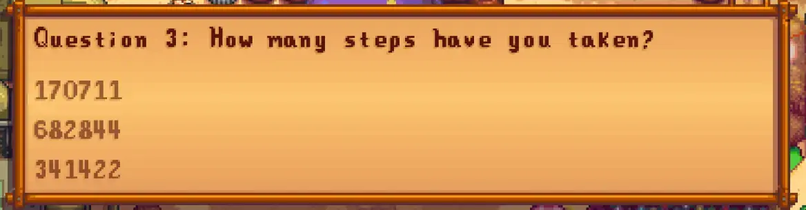 scholar from stardew valley's desert festival asking 'how many steps have you taken?' as the third question