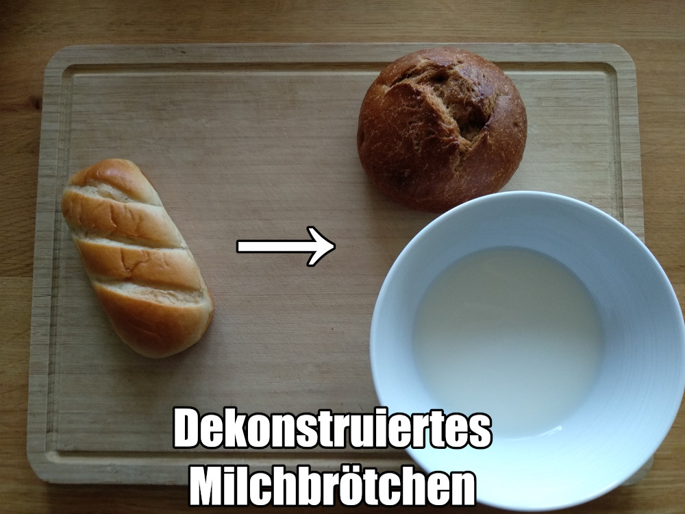 Bild von oben auf ein Schneidebrett, welches auf einer Arbeitsfläche liegt. Auf dem Brett ist links ein Milchbrötchen, mittig ein Pfeil der vom Milchbrötchen nach rechts zeigt. Rechts oben ist ein gewöhnliches Brötchen und darunter eine weiße Schale mit etwas Milch. Darunter der Text "Dekonstruiertes Milchbrötchen".