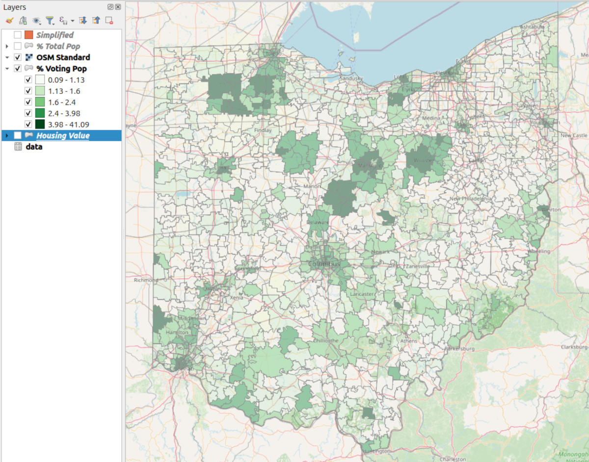 ZIP-code level map showing the percent of voting-age population purged from the voter rolls by Ohio's Secretary of State.