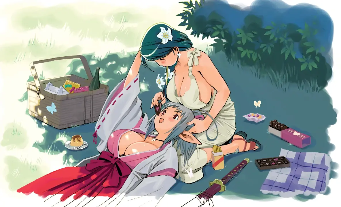 Colorful drawing of a lesbian couple enjoying a picnic; one of them is an elf in a miko outfit and she's resting her head on the other woman's lap while getting fed a chocolate cookie in the shape of a heart.