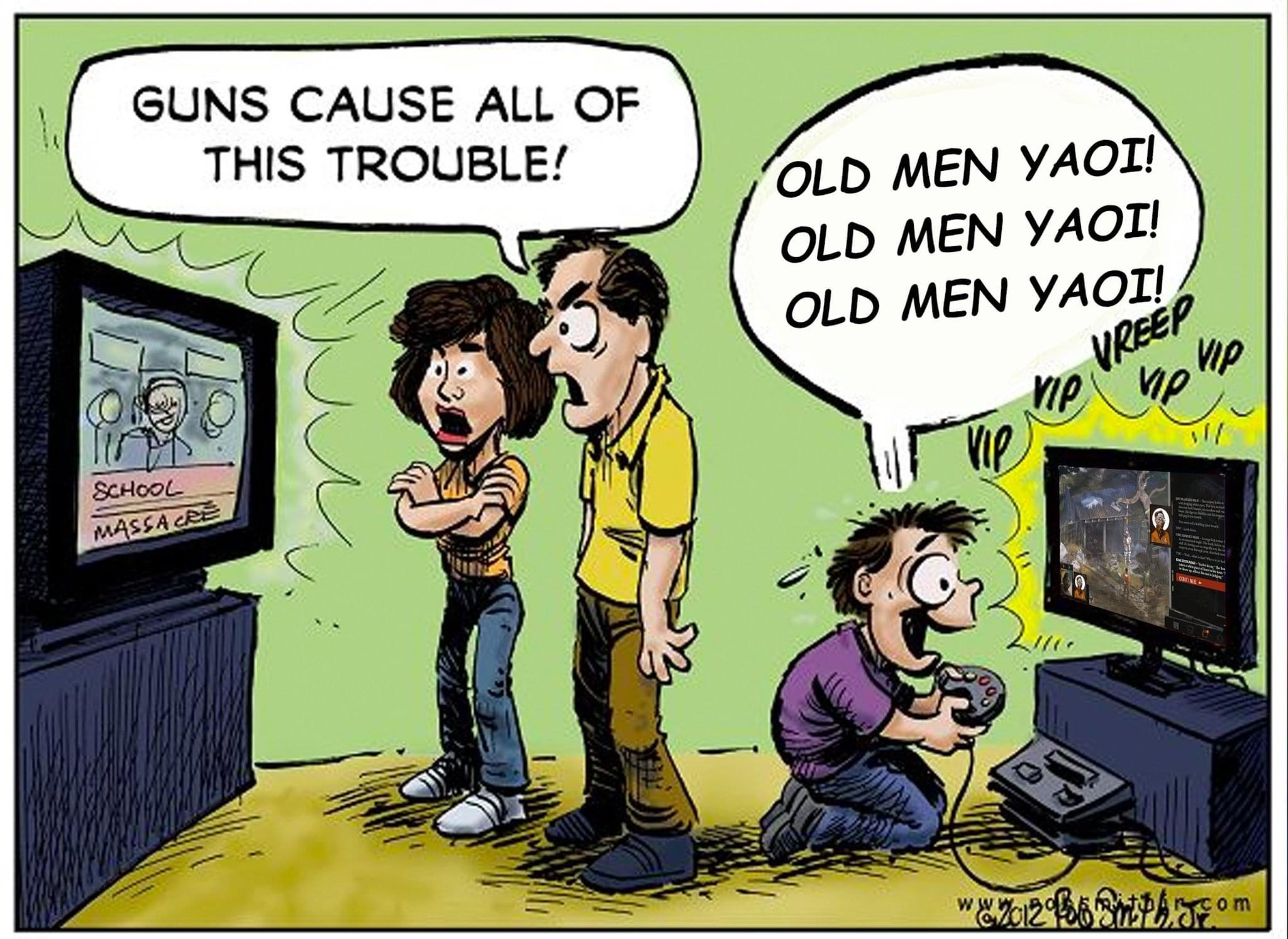 Left: old people looking at a news broadcast of a school shooting saying, “guns cause all of this trouble.” Right: a child playing Disco Elysium screaming “Old men yaoi” over and over again.