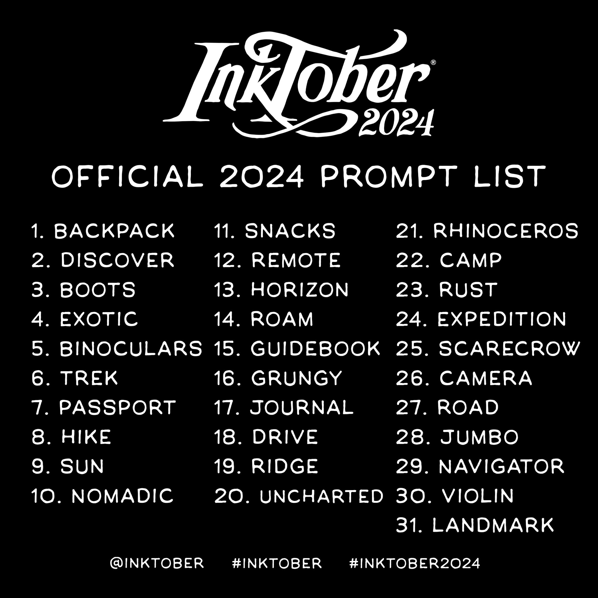 A list of Inktober 2024 prompts