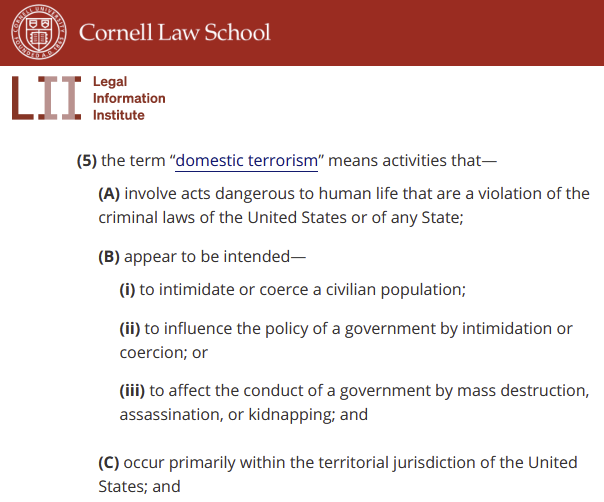 screenshot of cornell law school site showing the definition of 18USC2331-5